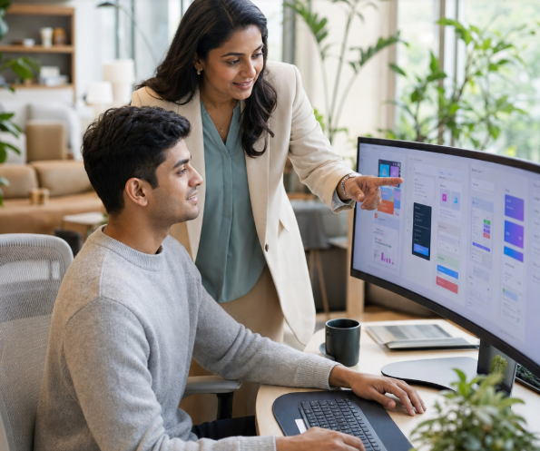 Mentor guiding a professional through live project work on screen